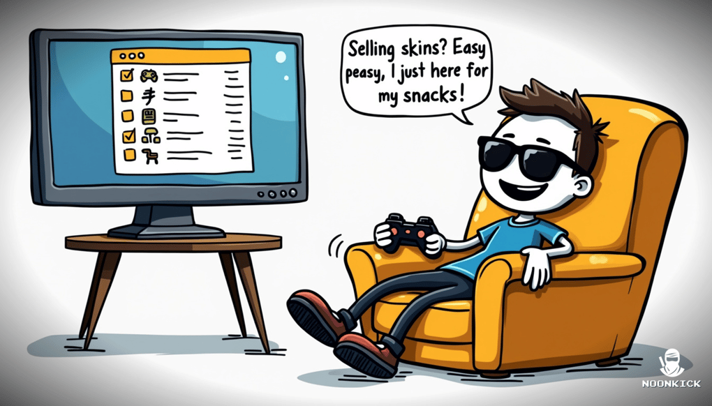 A SIMPLE DRAWING ILLUSTRATING THE PROCESS OF LISTING ITEMS AND SELECTING CRYPTO PAYMENT, WITH A HUMOROUS ELEMENT LIKE A GAMER RELAXING IN A CHAIR WHILE A COMPUTER DOES THE WORK