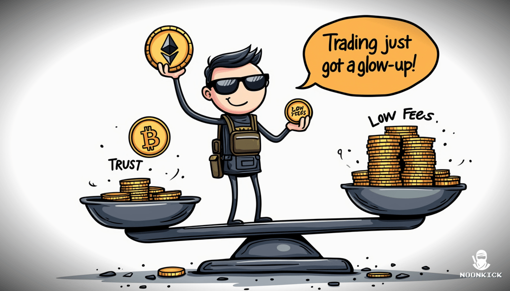 A SIMPLE DRAWING ILLUSTRATING THE PROCESS OF SECURELY BUYING AND SELLING CS:GO SKINS ON DMARKET, WITH A FUNNY TWIST LIKE A SKIN WEARING SUNGLASSES