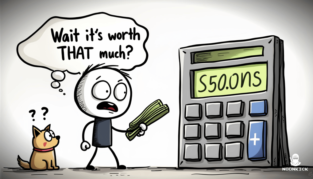A simple drawing illustrating the process of using a skin value calculator, with a humorous character looking surprised at the value