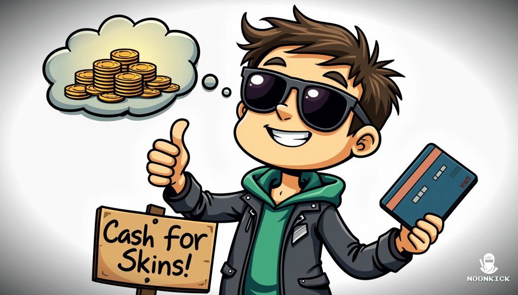 A SIMPLE DRAWING ILLUSTRATING THE STEP-BY-STEP PROCESS OF BUYING AND SELLING CSGO SKINS ON THE STEAM COMMUNITY MARKET, WITH A HUMOROUS ELEMENT LIKE A SKIN WEARING SUNGLASSES