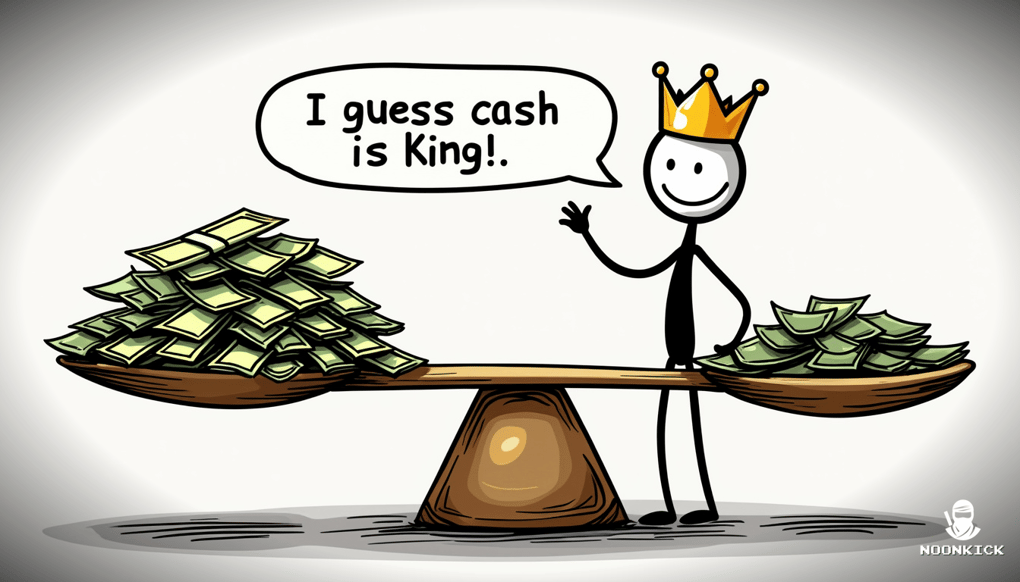 A SIMPLE DRAWING OF A BALANCE SCALE WITH A SHINY, GOLDEN CASE ON ONE SIDE AND A LARGE PILE OF CASH ON THE OTHER, WITH THE SCALE TILTING DRAMATICALLY TOWARDS THE CASH SIDE TO ADD HUMOR
