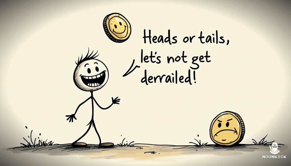 A SIMPLE DRAWING OF A COIN FLIP WITH A SMILING COIN ON ONE SIDE AND A FROWNING COIN ON THE OTHER, ILLUSTRATING THE 50-50 CHANCE IN A HUMOROUS WAY