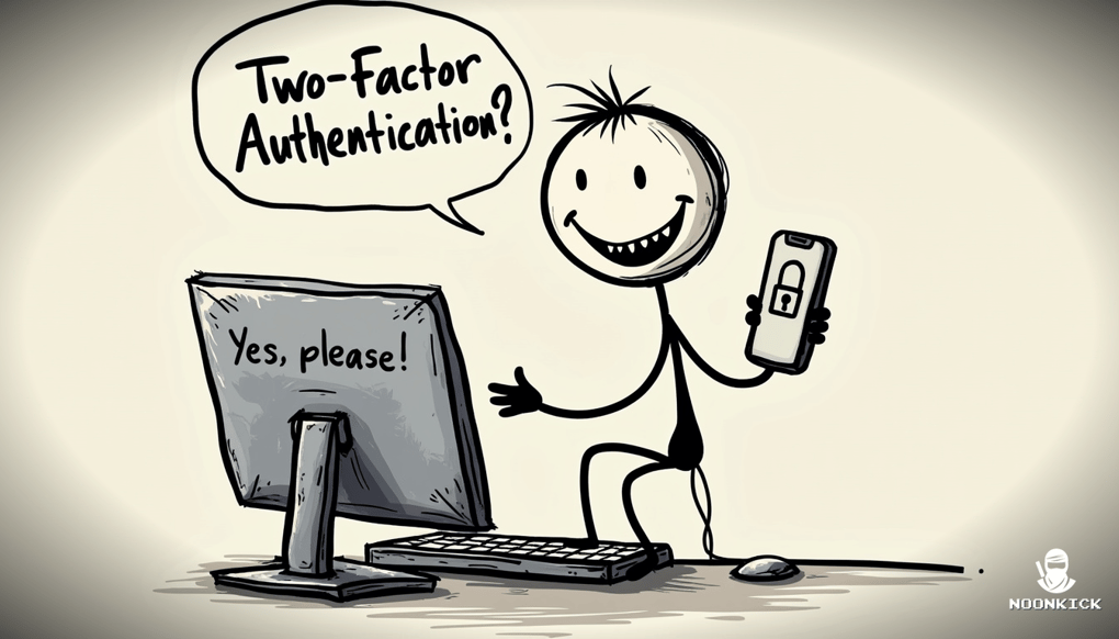 A SIMPLE DRAWING OF A COMPUTER SCREEN WITH A LOCK ICON AND A HAPPY FACE, ILLUSTRATING THE CONCEPT OF ENABLING 2FA FOR ADDED SECURITY WITH A LIGHT-HEARTED TOUCH