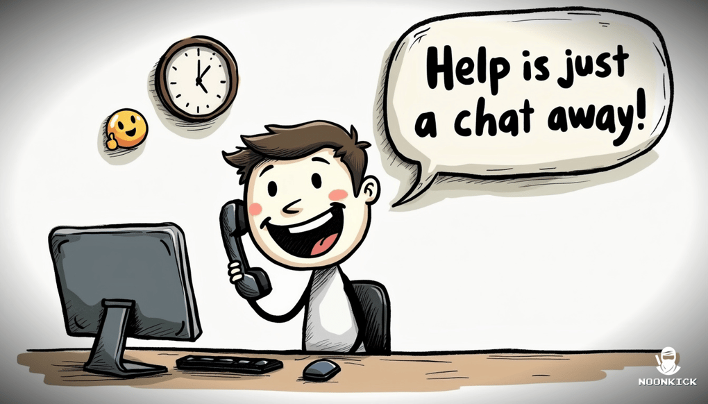 A SIMPLE DRAWING OF A CUSTOMER AND SUPPORT AGENT WITH A CLOCK SHOWING 24