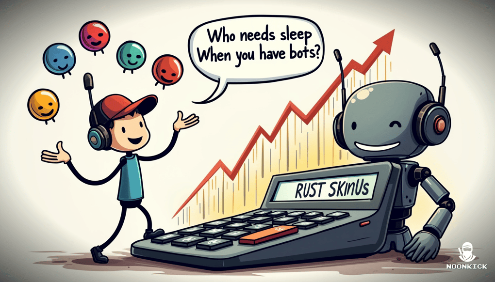 A SIMPLE DRAWING OF A HAPPY ROBOT WITH A TRADING CHART, SHOWING HOW IT EFFICIENTLY HANDLES TRADES AND PROTECTS SKINS, ADDING A TOUCH OF HUMOR