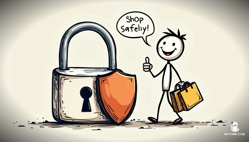 A SIMPLE DRAWING OF A LOCK AND SHIELD REPRESENTING SECURITY, WITH A SMILING FACE AND A CAPTION SAYING 