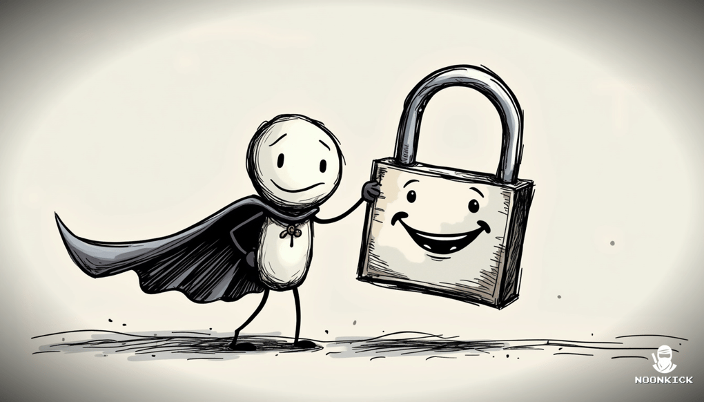 A simple drawing of a lock with a smiling face, humorously explaining the concept of 2FA with a speech bubble saying 