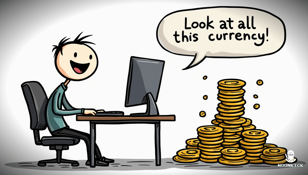 A SIMPLE DRAWING OF A PERSON AT A COMPUTER, HAPPILY TURNING LOW-VALUE SKINS INTO CURRENCY, WITH A COMICALLY LARGE PILE OF COINS STACKING UP BESIDE THEM