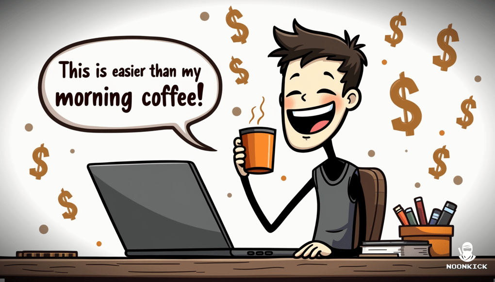 A SIMPLE DRAWING OF A PERSON EASILY NAVIGATING A WEBSITE WITH A SMILE, SITTING COMFORTABLY WITH A CUP OF COFFEE AND A LAPTOP, TO ADD HUMOR AND SHOWCASE THE EASE OF USE