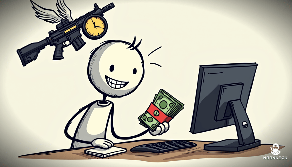 A SIMPLE DRAWING OF A PERSON EXCHANGING MONEY FOR A CS:GO SKIN ONLINE, WITH A CLOCK WITH WINGS ABOVE THEM TO HUMOROUSLY ILLUSTRATE THE SPEED OF TRANSACTIONS