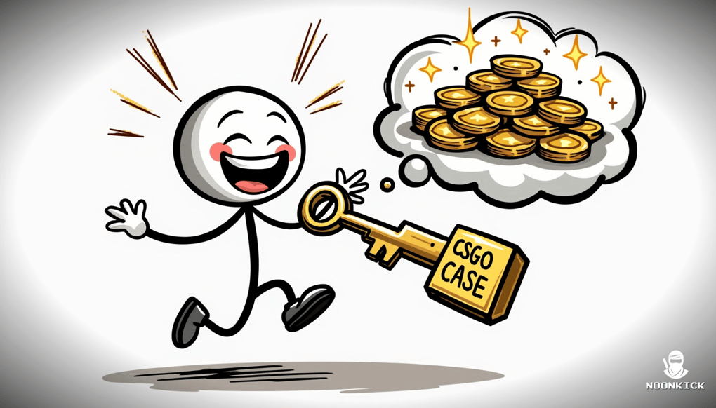 A SIMPLE DRAWING OF A PERSON EXCITEDLY OPENING A CSGOFAST CASE WITH AN OVERSIZED KEY, WITH A HUMOROUS EXPRESSION OF ANTICIPATION AND JOY