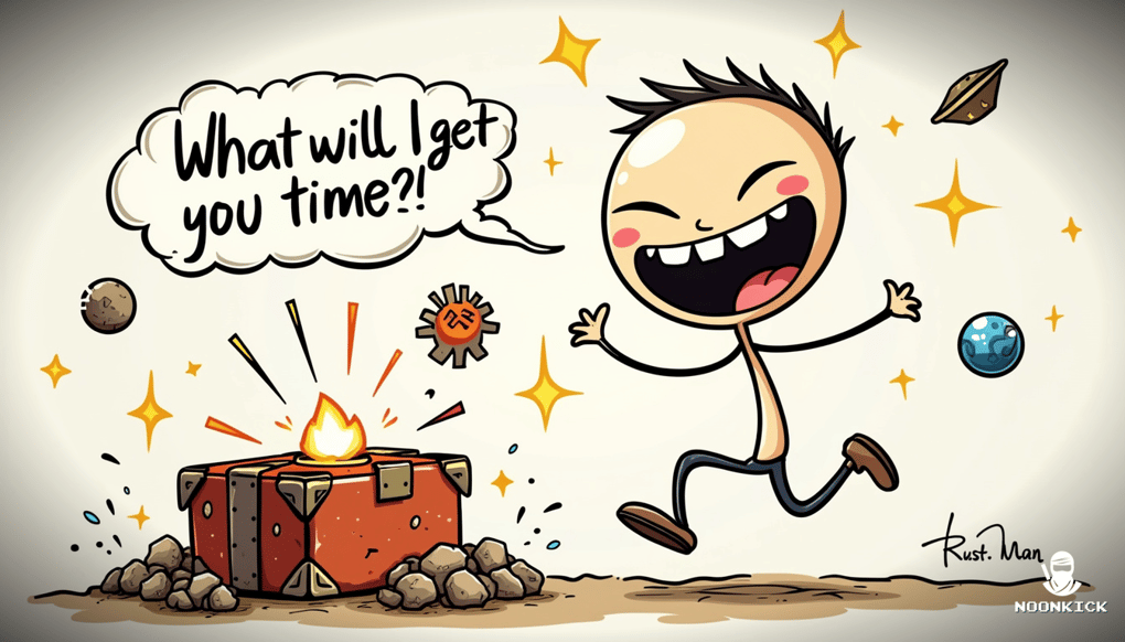 A SIMPLE DRAWING OF A PERSON EXCITEDLY OPENING A RUST CASE, WITH A COMICALLY LARGE SMILE AND SPARKLES AROUND THEM TO EMPHASIZE THE THRILL OF DISCOVERY