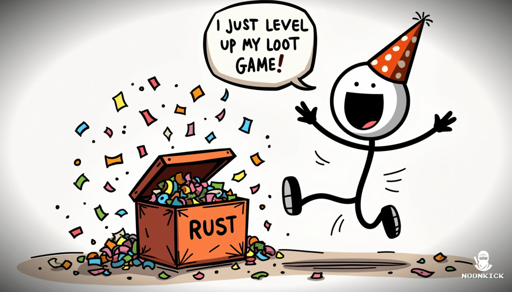 A SIMPLE DRAWING OF A PERSON EXCITEDLY OPENING A RUST CASE WITH A JACKPOT SYMBOL, SHOWING THE PROCESS OF UNLOCKING BETTER CASES WITH HUMOR BY HAVING THE PERSON WEARING A PARTY HAT