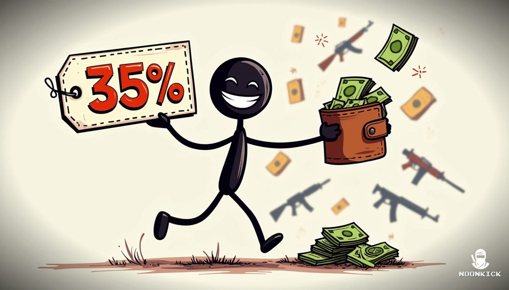 A SIMPLE DRAWING OF A PERSON HAPPILY BUYING RUST SKINS WITH A LARGE 35% DISCOUNT TAG, ADDING HUMOR BY SHOWING THEM DANCING WITH JOY AND HOLDING A WALLET WITH MONEY FLYING OUT