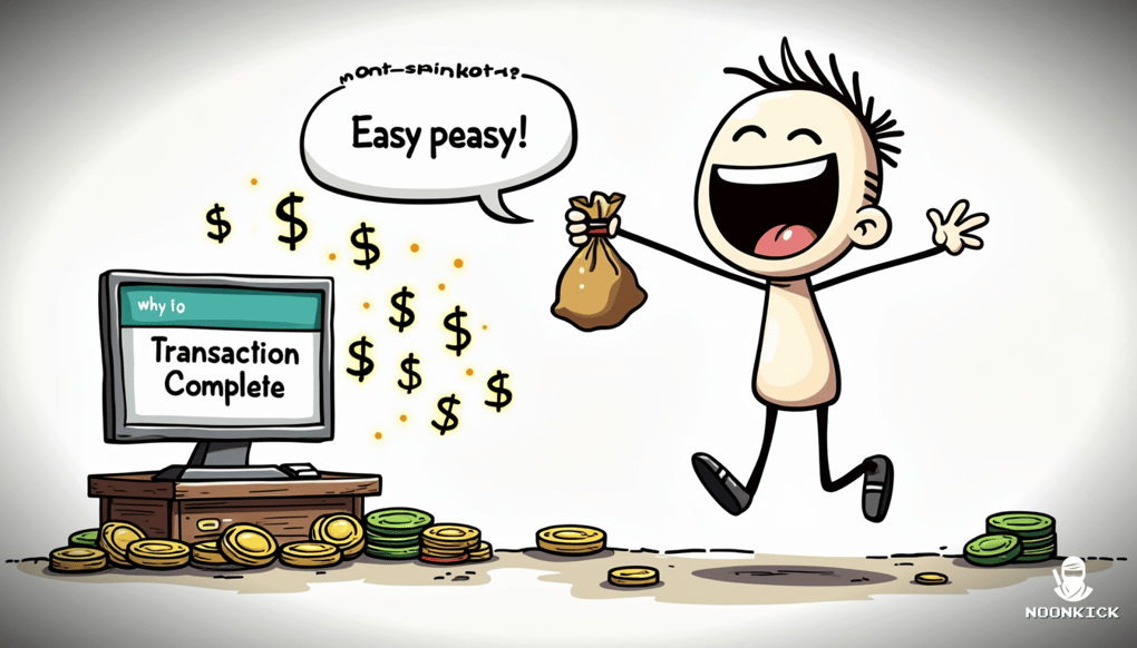 A SIMPLE DRAWING OF A PERSON HAPPILY CASHING OUT INSTANTLY WITH A BIG SMILE, HOLDING A BAG OF MONEY, ADDING HUMOR TO THE QUICK AND EASY CASH-OUT PROCESS