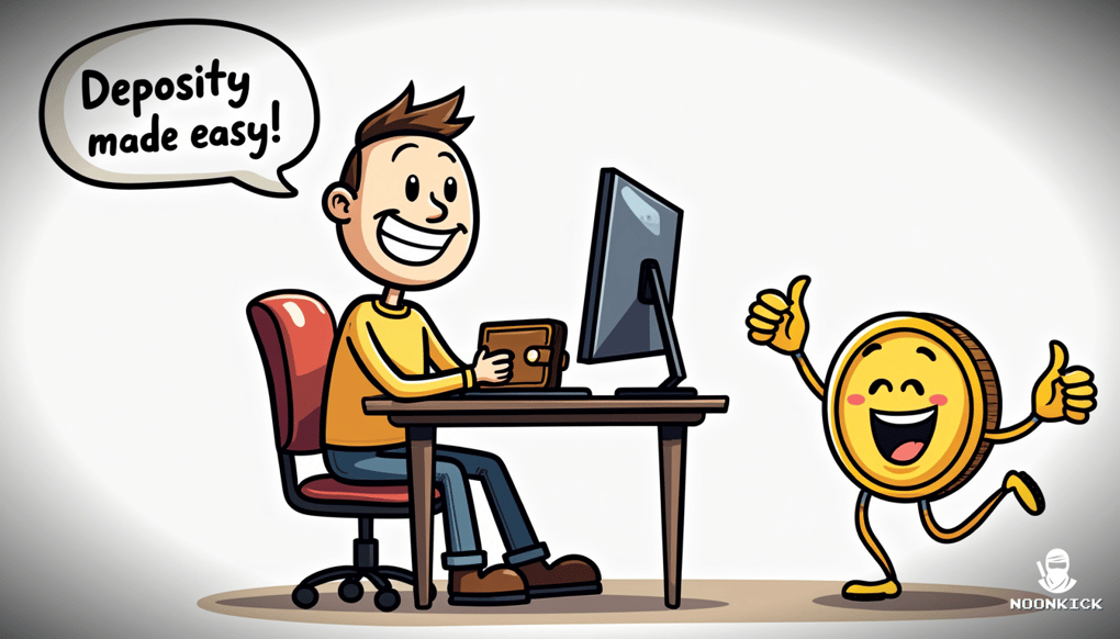 A SIMPLE DRAWING OF A PERSON HAPPILY DEPOSITING MONEY USING A CRYPTO WALLET ON A COMPUTER, WITH A SMILING COIN CHARACTER CHEERING THEM ON.