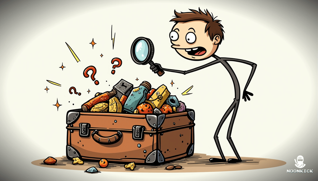 A SIMPLE DRAWING OF A PERSON HOLDING A MAGNIFYING GLASS OVER A RUST CASE, WITH A HUMOROUSLY EXAGGERATED EXPRESSION OF EXCITEMENT AND ANTICIPATION, AS IF THEY'RE ABOUT TO DISCOVER TREASURE