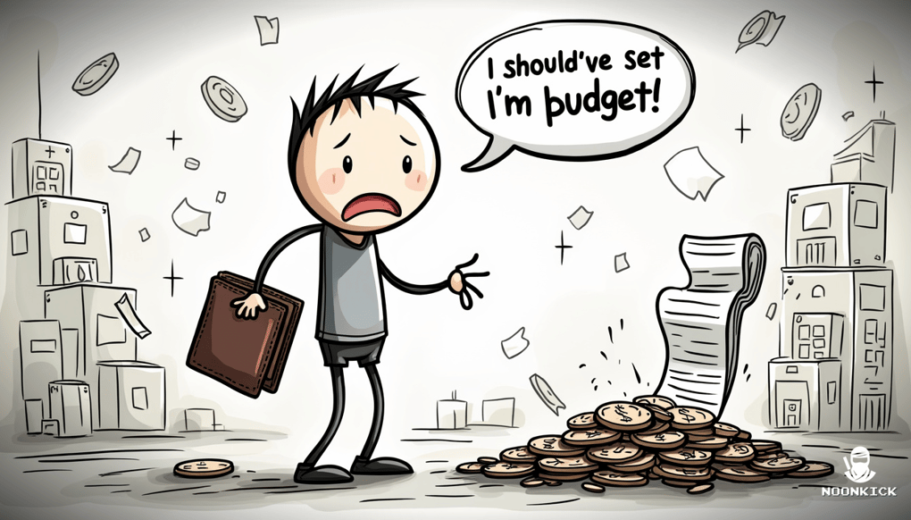 A SIMPLE DRAWING OF A PERSON HOLDING A WALLET WITH COINS FALLING OUT, LOOKING WORRIED AND GLANCING AT A LONG RECEIPT, TO ADD HUMOR TO THE IDEA OF BUDGETING