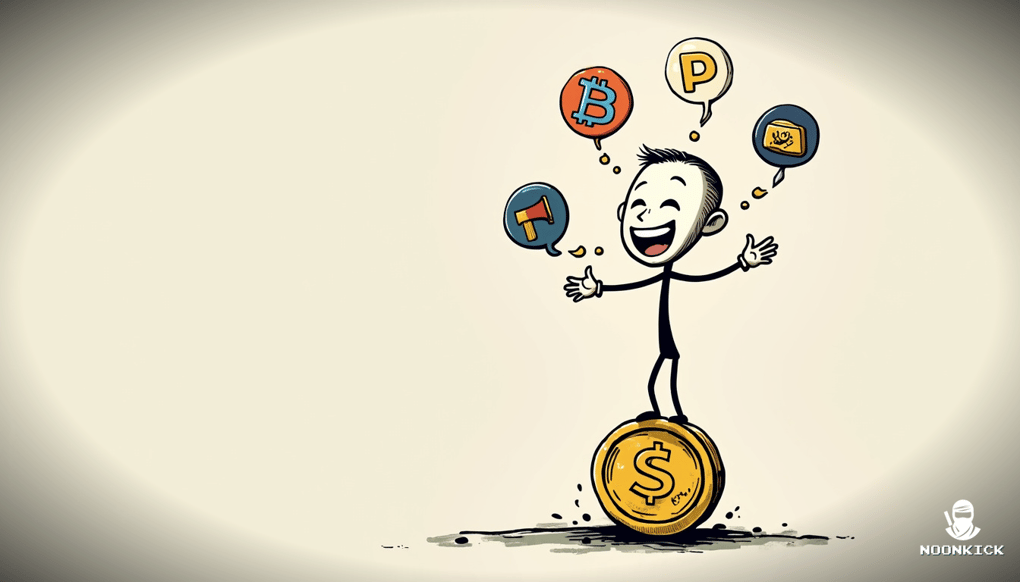 A SIMPLE DRAWING OF A PERSON JUGGLING ICONS OF TRADEIT.GG AND SKIN.LAND WITH A HUMOROUS EXPRESSION, ILLUSTRATING THE PROCESS OF LISTING ITEMS ACROSS MULTIPLE PLATFORMS