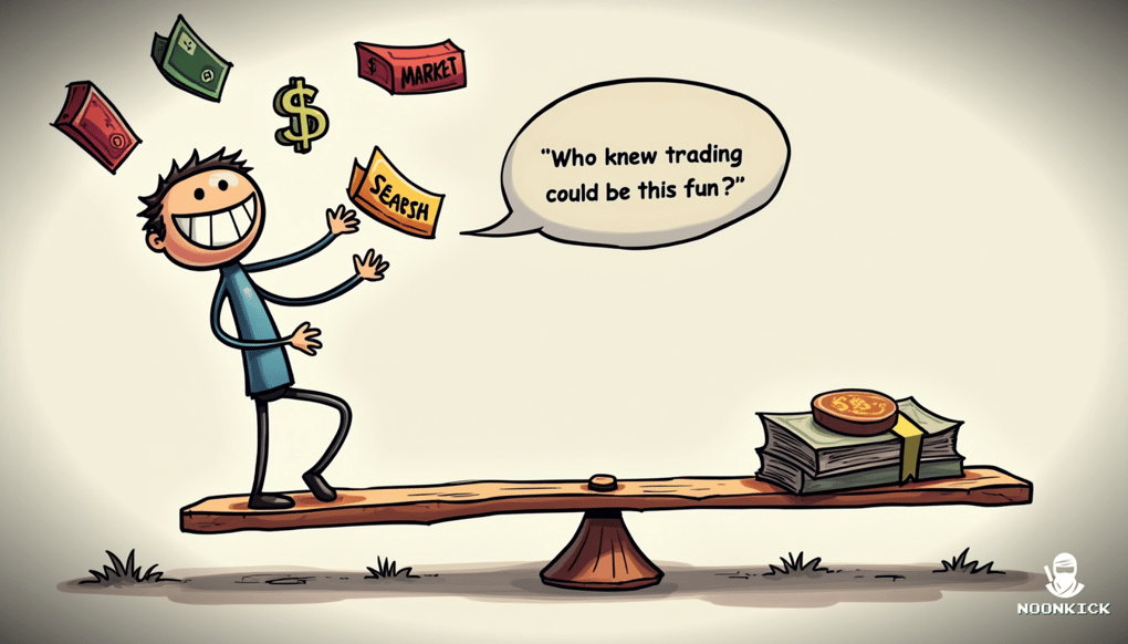 A SIMPLE DRAWING OF A PERSON JUGGLING RUST SKINS AND MARKET TRENDS WITH A HUMOROUS EXPRESSION, SHOWING THE BALANCE BETWEEN TRADING ON DIFFERENT PLATFORMS AND MANAGING FEES