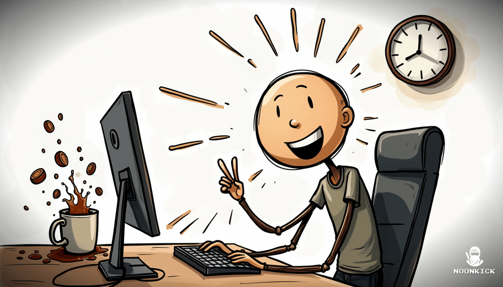 A SIMPLE DRAWING OF A PERSON QUICKLY TRADING SKINS ON A COMPUTER WITH A CLOCK SHOWING TIME SAVED, ADDING HUMOR BY HAVING THE PERSON LOOK RELIEVED AND A COFFEE CUP SPILLING OVER IN EXCITEMENT
