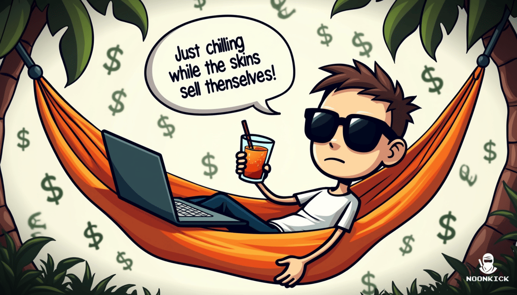 A SIMPLE DRAWING OF A PERSON RELAXING IN A HAMMOCK WITH A LAPTOP, WAITING FOR A SALE, CAPTIONED 