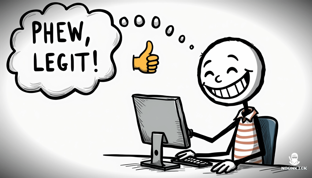 A SIMPLE DRAWING OF A PERSON SITTING AT A COMPUTER, CHECKING A GAMBLING SITE FOR LICENSES, WITH A HUMOROUS EXPRESSION OF RELIEF AND A THOUGHT BUBBLE SAYING 