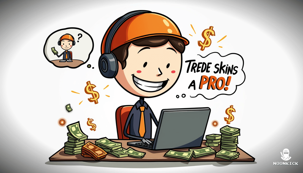 A SIMPLE DRAWING OF A PERSON SITTING AT A COMPUTER WITH A BIG SMILE, TRADING RUST SKINS, WITH A CAPTION SAYING 