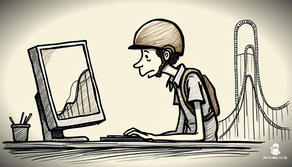 A SIMPLE DRAWING OF A PERSON SITTING AT A DESK WITH A COMPUTER SCREEN SHOWING A GRAPH THAT LOOKS LIKE A ROLLER COASTER, WITH THE PERSON WEARING A HELMET AND SEATBELT FOR HUMOR, TO REPRESENT 