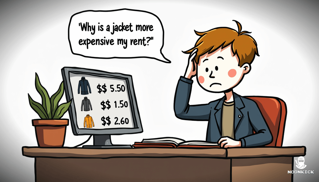 A SIMPLE DRAWING OF A PERSON STANDING IN FRONT OF A COMPUTER SCREEN DISPLAYING RUST SKINS WITH PRICE TAGS, LOOKING OVERWHELMED BUT AMUSED BY THE HIGH PRICES AND VARIETY
