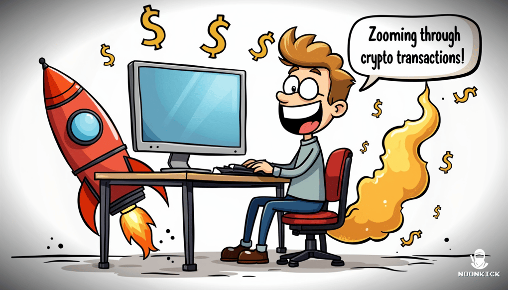 A SIMPLE DRAWING OF A PERSON USING A COMPUTER TO MAKE A CRYPTOCURRENCY TRANSACTION, WITH A HUMOROUS ELEMENT LIKE A ROCKET BOOSTING THE TRANSACTION SPEED, TO ILLUSTRATE THE EASE AND SPEED OF USING CRYPTOCURRENCY