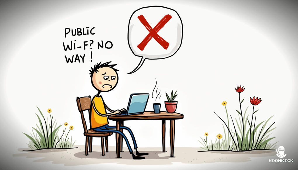 A SIMPLE DRAWING OF A PERSON USING A LAPTOP IN A CAFE WITH A BIG RED CROSS OVER IT, INDICATING TO AVOID PUBLIC WI-FI FOR SECURE TRANSACTIONS