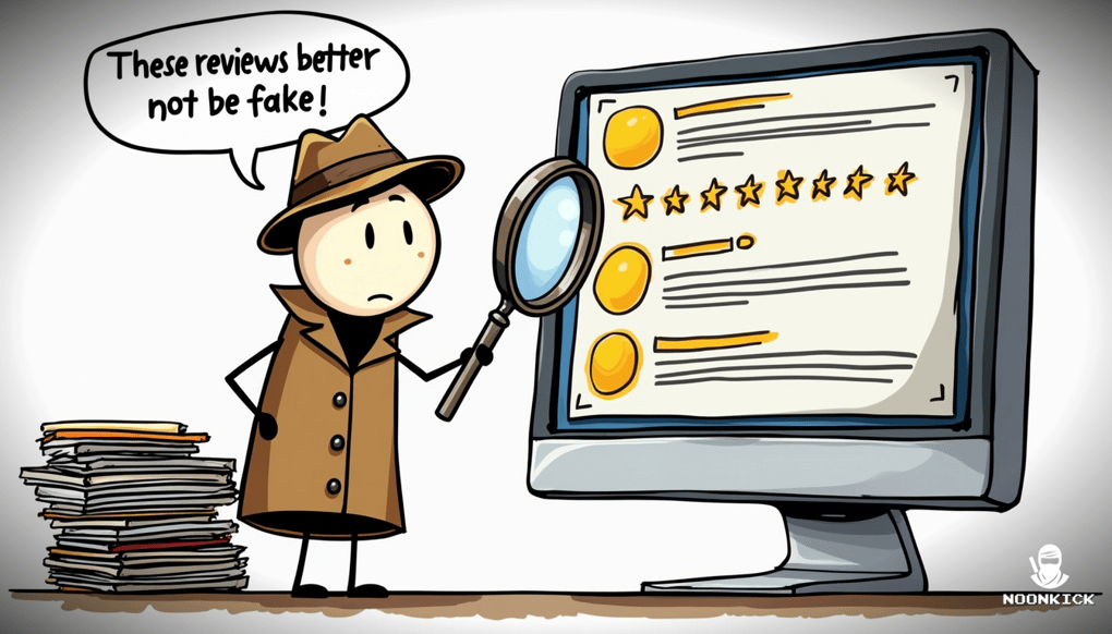 A SIMPLE DRAWING OF A PERSON WEARING DETECTIVE CLOTHES, HOLDING A MAGNIFYING GLASS, AND CLOSELY EXAMINING A COMPUTER SCREEN WITH REVIEWS, ADDING HUMOR BY HAVING THE DETECTIVE LOOK OVERLY SERIOUS