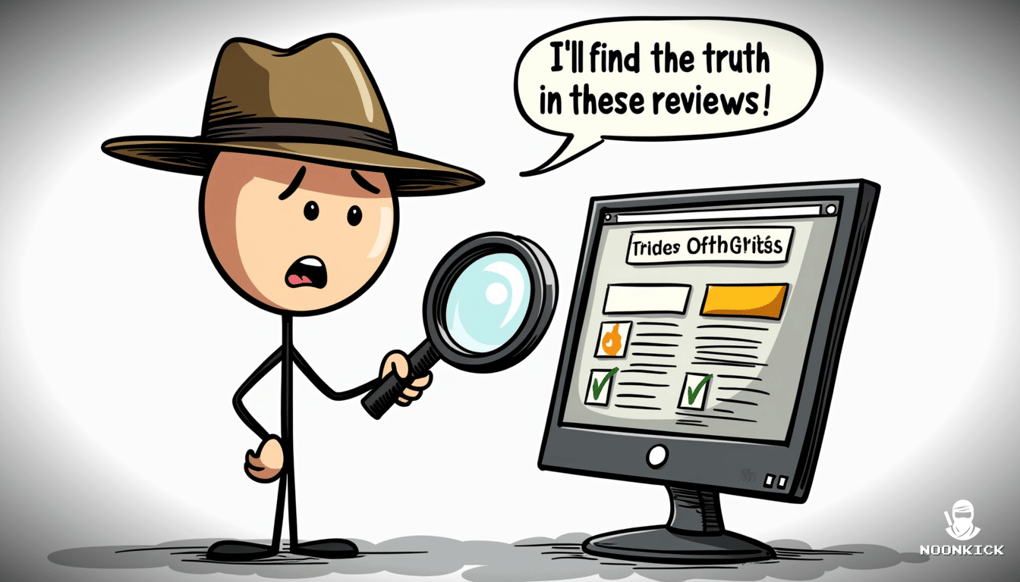 A SIMPLE DRAWING OF A PERSON WITH A DETECTIVE HAT AND MAGNIFYING GLASS, CAREFULLY EXAMINING A COMPUTER SCREEN SHOWING A TRADE OFFER, ADDING HUMOR BY MAKING THE DETECTIVE LOOK OVERLY SERIOUS