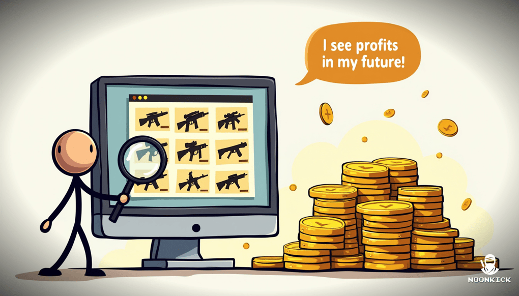 A SIMPLE DRAWING OF A PERSON WITH A MAGNIFYING GLASS EXAMINING A CS:GO INVENTORY, WITH A HUMOROUSLY LARGE PILE OF GOLD COINS IN THE BACKGROUND TO SYMBOLIZE POTENTIAL PROFITS