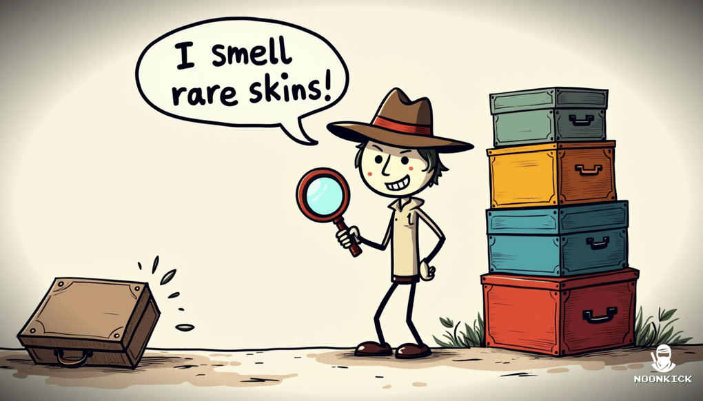 A SIMPLE DRAWING OF A PERSON WITH A MAGNIFYING GLASS EXAMINING A RUST CASE, LOOKING EXCITED AND WEARING A DETECTIVE HAT, ADDING A TOUCH OF HUMOR
