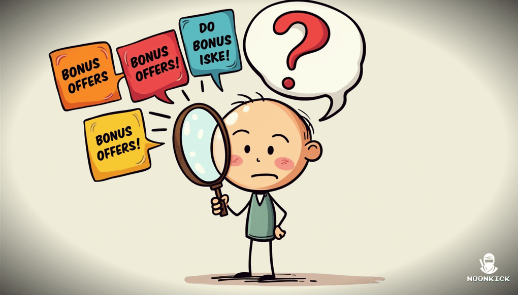A SIMPLE DRAWING OF A PERSON WITH A MAGNIFYING GLASS EXAMINING DIFFERENT BONUS OFFERS, WITH A HUMOROUS TOUCH LIKE A QUESTION MARK ABOVE THEIR HEAD