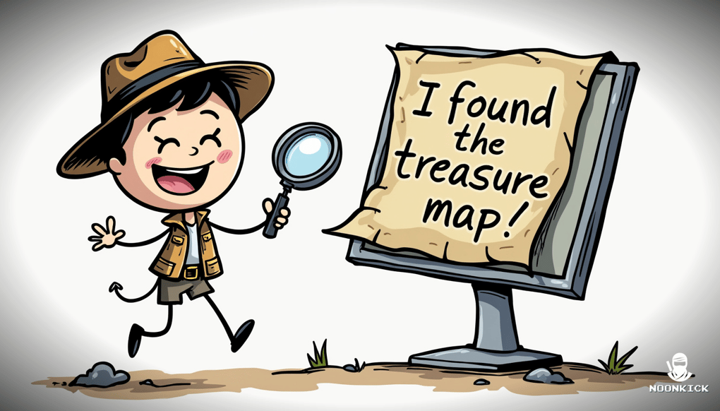 A SIMPLE DRAWING OF A PERSON WITH A MAGNIFYING GLASS, EXCITEDLY DISCOVERING A PROMOTIONS PAGE ON A COMPUTER SCREEN, WITH A CAPTION SAYING 