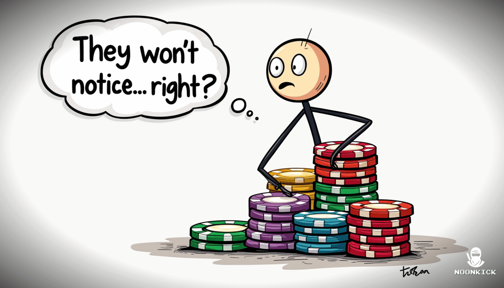 A SIMPLE DRAWING OF A PERSON WITH A NERVOUS EXPRESSION TRYING TO HIDE A STACK OF CHIPS BEHIND THEIR BACK WHILE GLANCING OVER THEIR SHOULDER