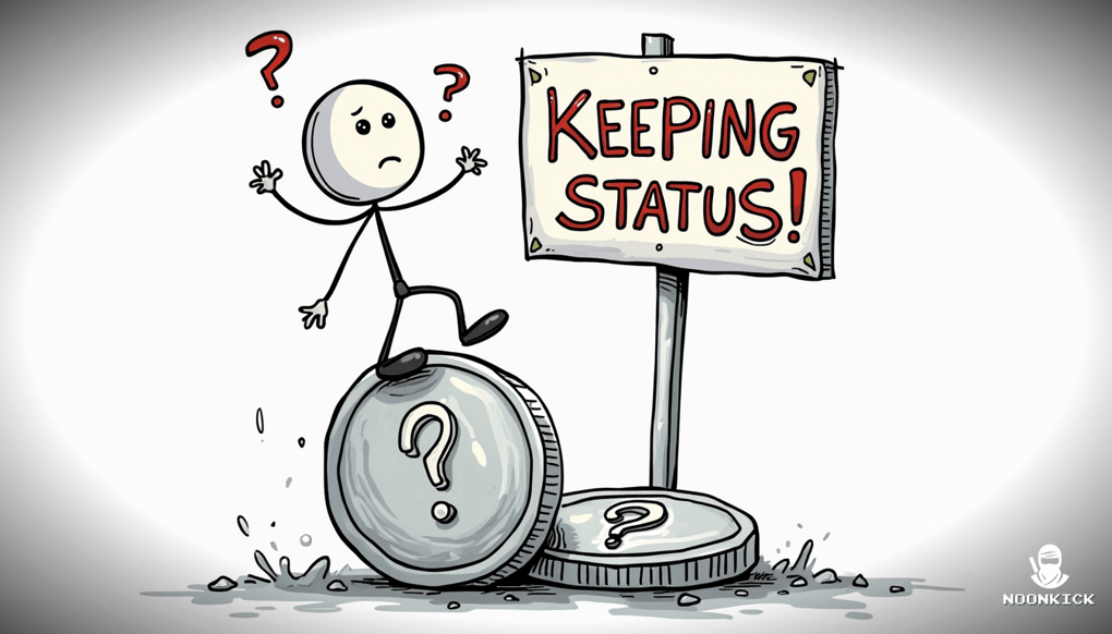 A SIMPLE DRAWING OF A PLAYER BALANCING ON A SILVER COIN WITH A WORRIED EXPRESSION, HOLDING A SIGN THAT SAYS "KEEPING STATUS" TO HUMOROUSLY ILLUSTRATE THE CHALLENGE OF MAINTAINING ACCOUNT STATUS