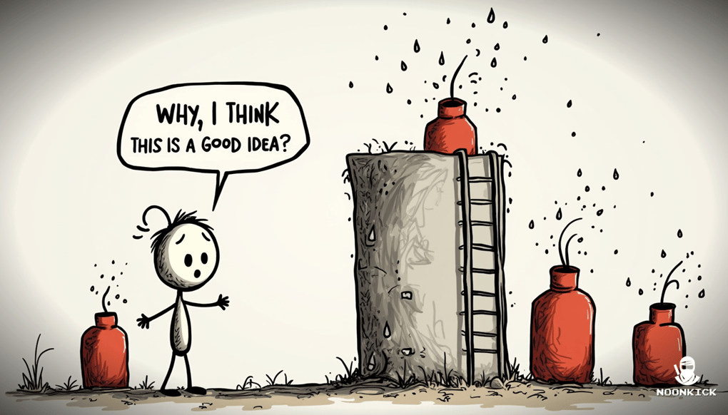 A SIMPLE DRAWING OF A PLAYER CLIMBING A TOWER WITH BOMBS ON THE SIDES, WITH THE PLAYER SWEATING PROFUSELY AND LOOKING NERVOUSLY AT A BOMB, ADDING A TOUCH OF HUMOR
