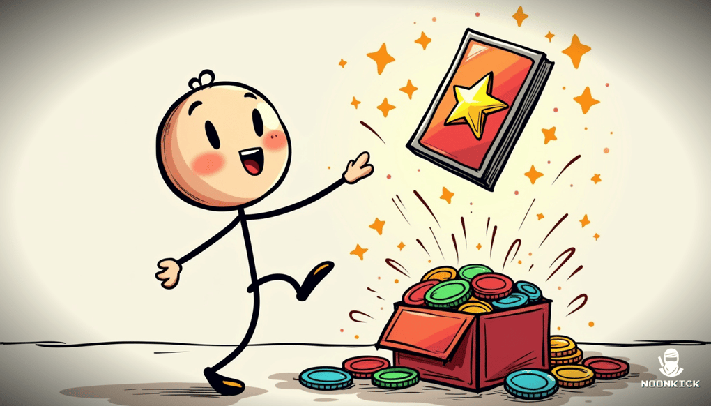 A SIMPLE DRAWING OF A PLAYER EXCITEDLY OPENING A PACK WITH COINS BURSTING OUT AND A STAR PLAYER CARD SHINING BRIGHTLY