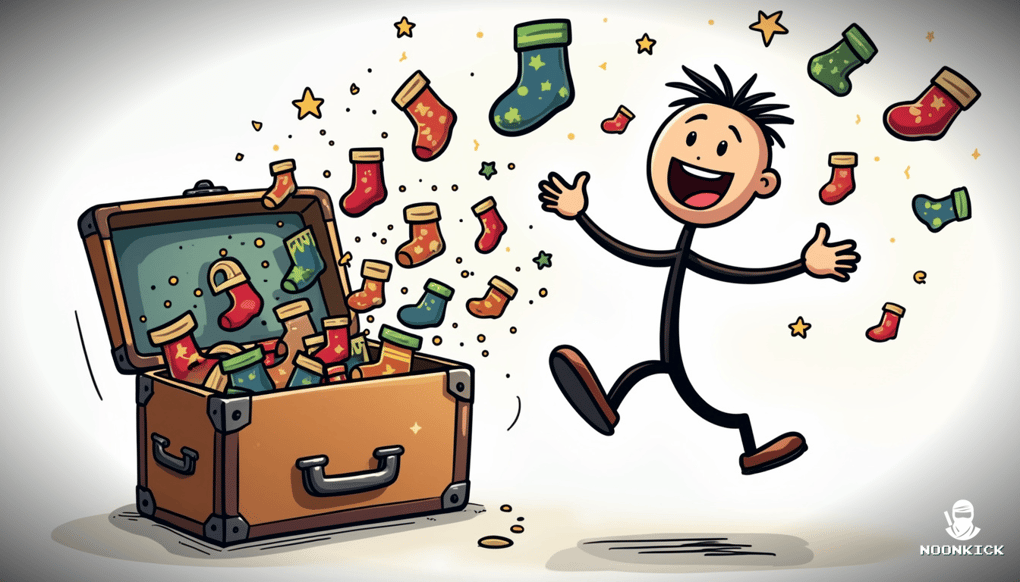 A SIMPLE DRAWING OF A PLAYER EXCITEDLY OPENING A VIRTUAL CASE WITH SKINS FLYING OUT, CAPTURING THE MYSTERY BOX FEELING