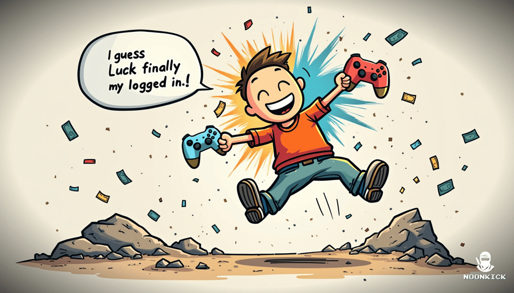 A SIMPLE DRAWING OF A PLAYER EXCITEDLY RECEIVING A SKIN AS A REWARD WITH A HUMOROUS CAPTION ABOUT LUCK