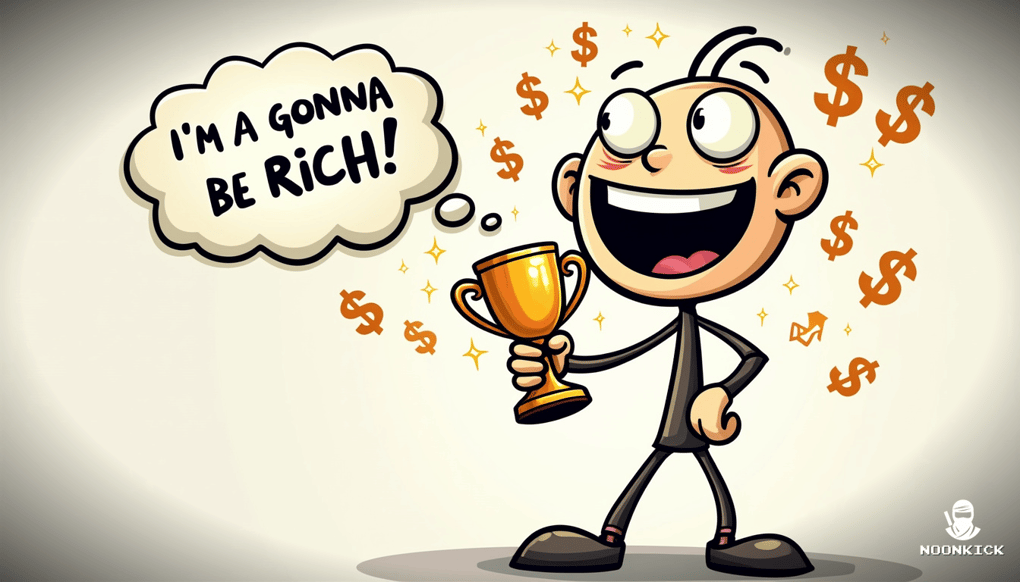 A SIMPLE DRAWING OF A PLAYER HOLDING A RARE SKIN WITH DOLLAR SIGNS IN THEIR EYES, SHOWING THE EXCITEMENT AND POTENTIAL PROFIT FROM TRADING SKINS, WITH A HUMOROUS TOUCH