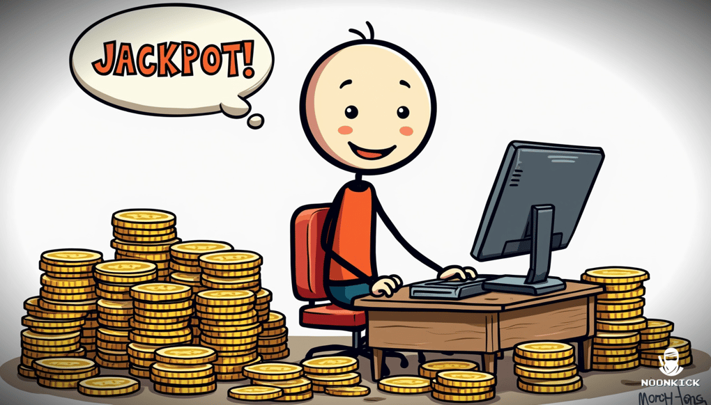 A SIMPLE DRAWING OF A PLAYER SITTING AT A COMPUTER, SURROUNDED BY PILES OF VIRTUAL SKINS AND COINS, WITH A BIG SMILE AND A THOUGHT BUBBLE SAYING 