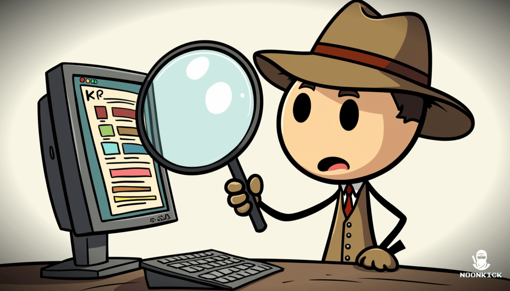 A SIMPLE DRAWING OF A PLAYER WEARING A DETECTIVE HAT AND HOLDING A MAGNIFYING GLASS, CLOSELY EXAMINING A COMPUTER SCREEN DISPLAYING RUST SKINS, WITH A HUMOROUS TOUCH OF THE PLAYER LOOKING VERY SERIOUS