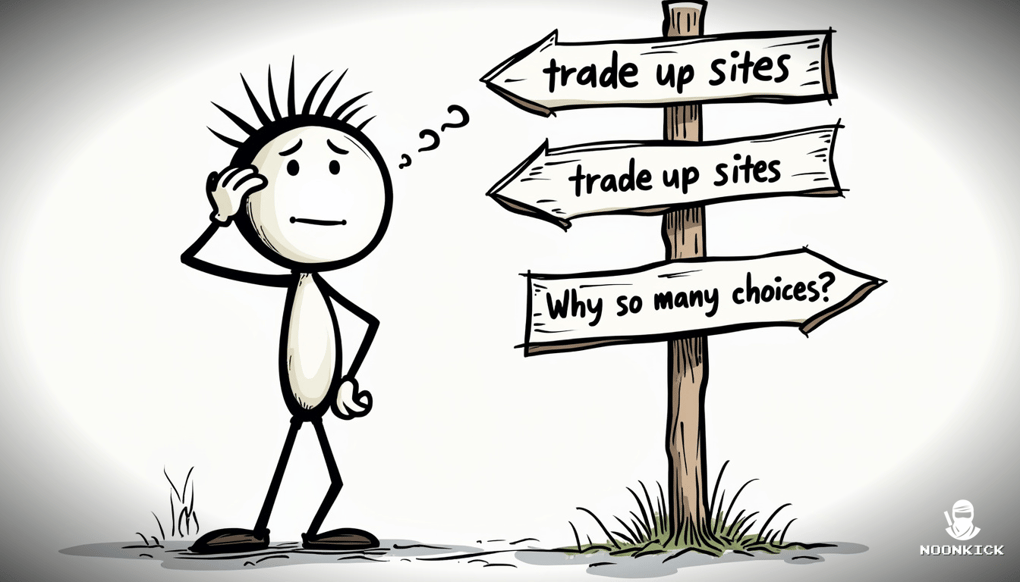 A SIMPLE DRAWING OF A PLAYER WITH A CONFUSED EXPRESSION STANDING IN FRONT OF A SIGNPOST WITH MULTIPLE ARROWS LABELED WITH DIFFERENT TRADEUP SITES, ADDING A TOUCH OF HUMOR