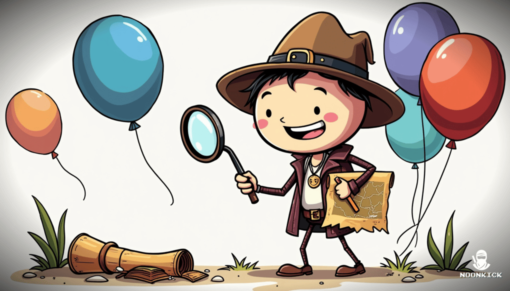 A SIMPLE DRAWING OF A PLAYER WITH A MAP AND MAGNIFYING GLASS SEARCHING FOR SKINS, WITH A HUMOROUS EXPRESSION OF EXCITEMENT