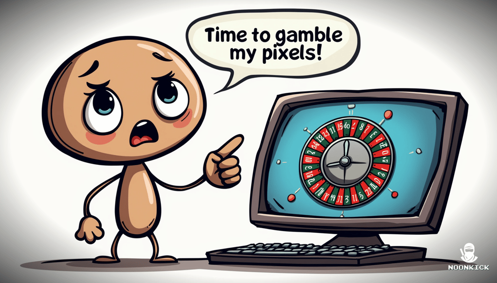 A SIMPLE DRAWING OF A PLAYER WITH A NERVOUS BUT EXCITED EXPRESSION, HOLDING A LOW-VALUE SKIN IN ONE HAND AND POINTING TO A HIGHER-VALUE SKIN ON A COMPUTER SCREEN, ILLUSTRATING THE UPGRADE PROCESS WITH A TOUCH OF HUMOR